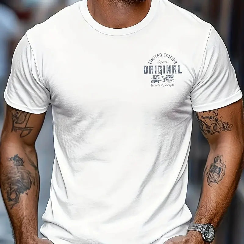 Men's summer printed round neck short T-shirt white