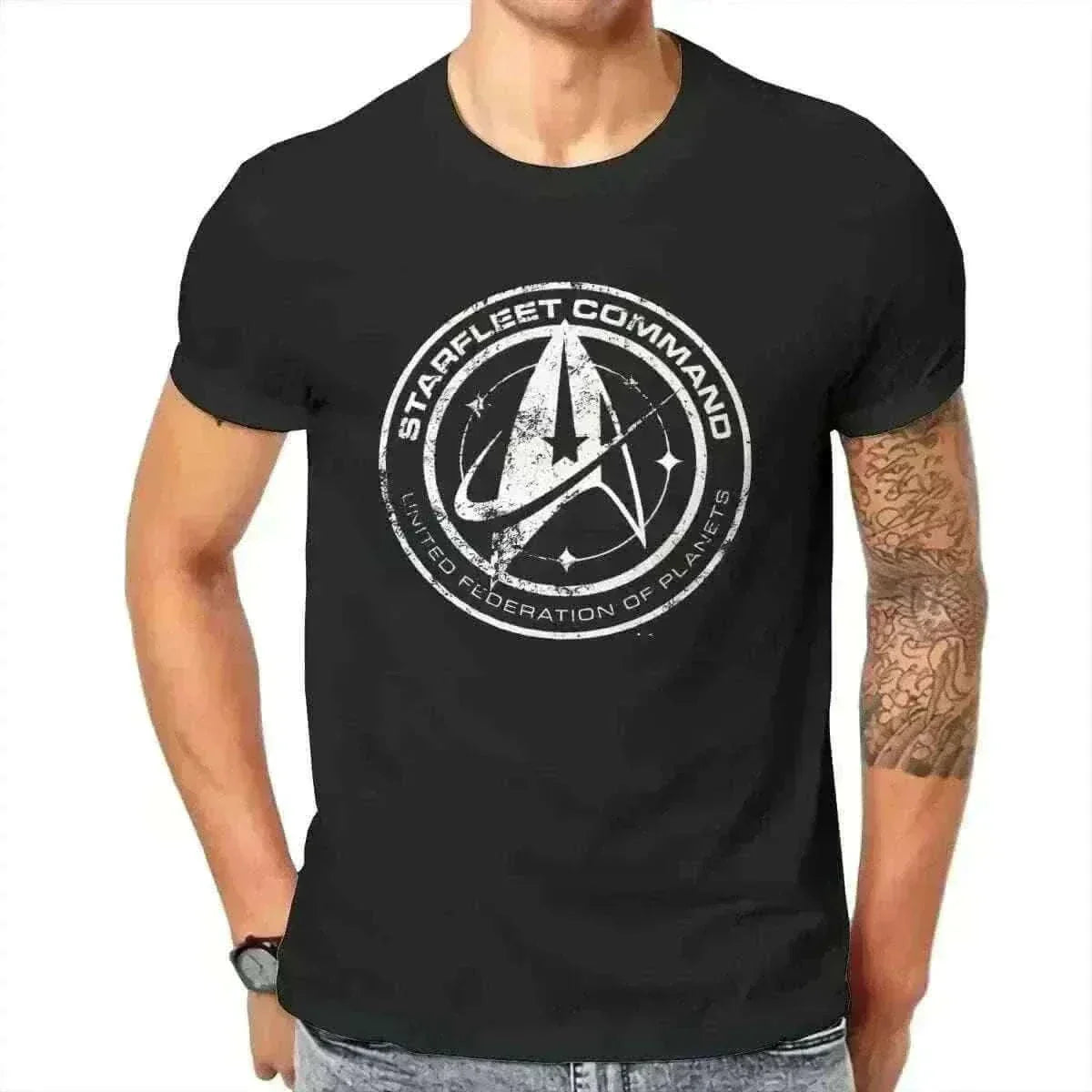 mens t shirt uk, Man Wearing Star Trek Discovery T-Shirt