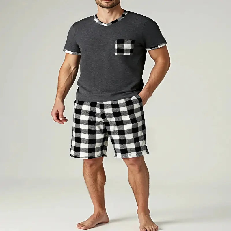 men's pyjamas uk, Mens Pajama Sets Short Sleeve GreyPlaid
