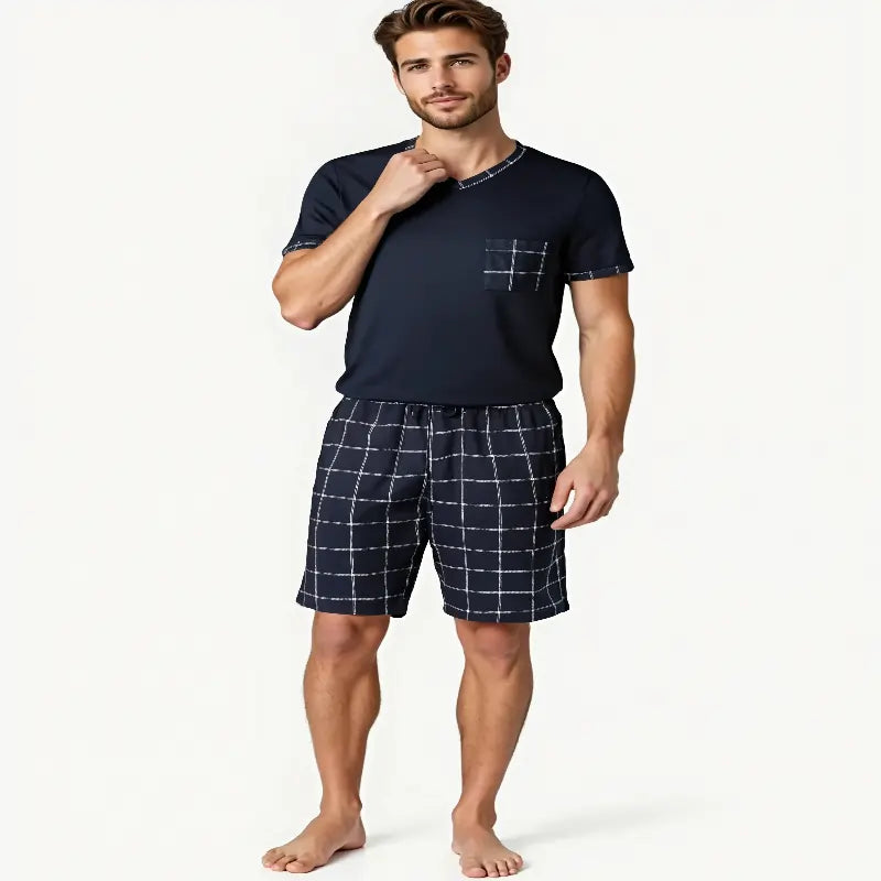 men's pyjamas uk, Mens Pajama Sets Short Sleeve blue black plaid