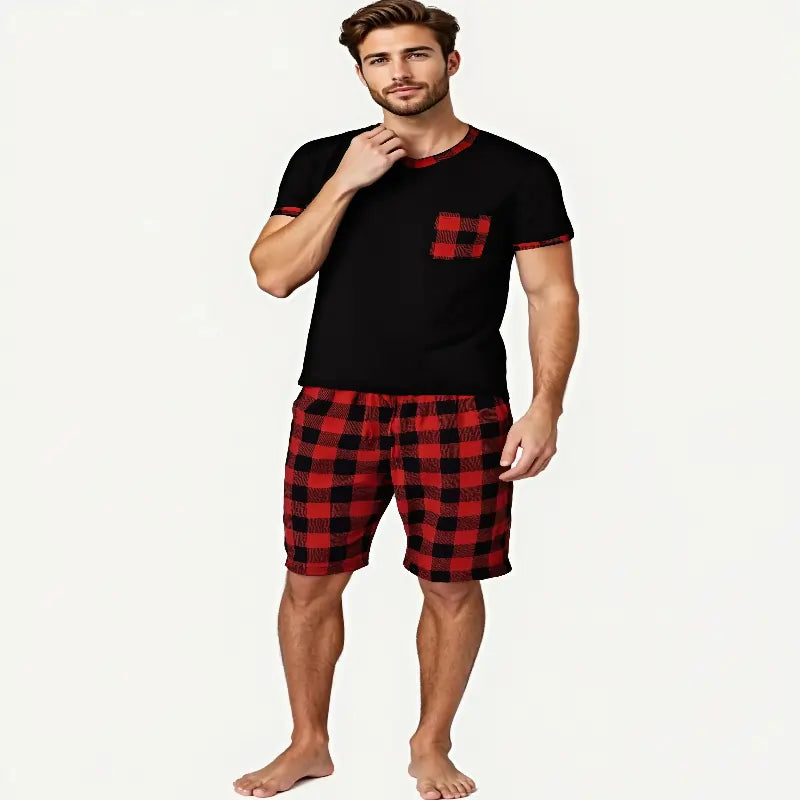 men's pyjamas uk, Mens Pajama Sets Short Sleeve Red Black Plaid