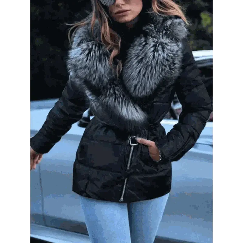 ladies coats and jackets offers Model Wearing Winter Coat Black Bright Surface  Large Collar