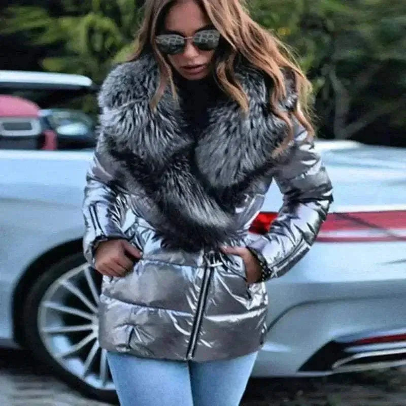 ladies coats and jackets offer Model Wearing Winter Coat Silver Grey Bright Surface  Large Collar