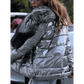 Model Wearing Winter Coat Silver Grey Bright Surface  Large Collar SIde View