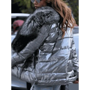ladies coats and jackets offers Model Wearing Winter Coat Silver Grey Bright Surface  Large Collar SIde View