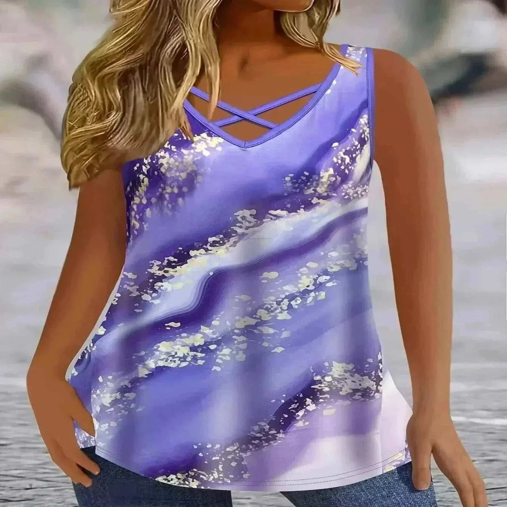 Plus Size Marble Print Tank Top Casual Criss Cross Sleeveless V Neck Top