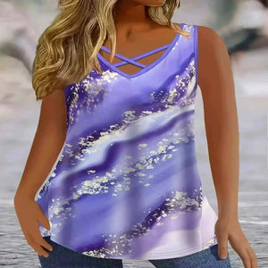 Plus Size Marble Print Tank Top Casual Criss Cross Sleeveless V Neck Top