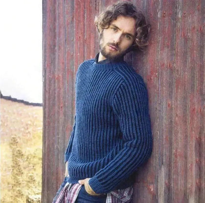 Man Wearing Blue Sweater Long Sleeve Straight Round Pullover