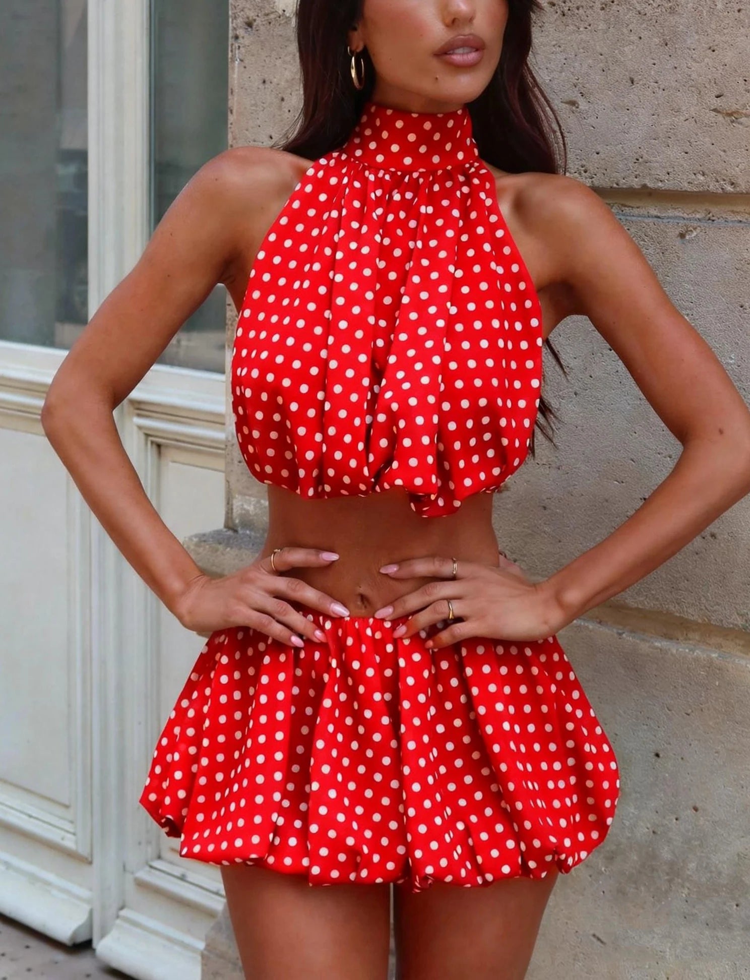 Backless Halter Crop Tops With Mini Skirt Female Outfit | Clothing Casual UK