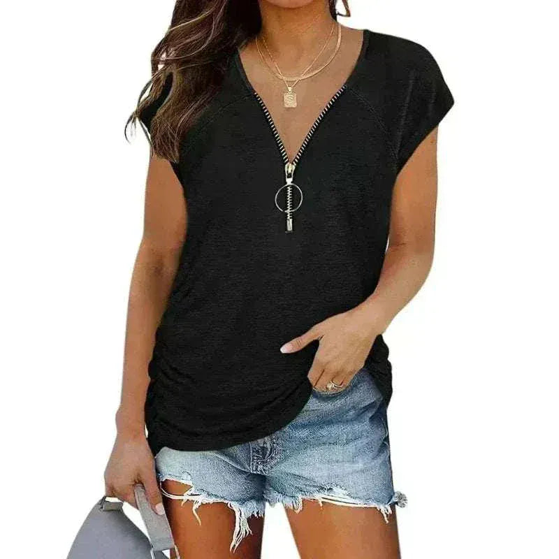 Short-Sleeved Black T-shirt Blouse with Chest Zipper