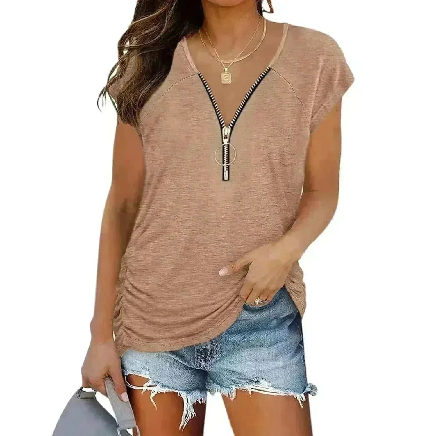 Short-Sleeved Pink T-shirt Blouse with Chest Zipper, clothing casual