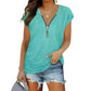 Short-Sleeved Sky Blue T-shirt Blouse with Chest Zipper
