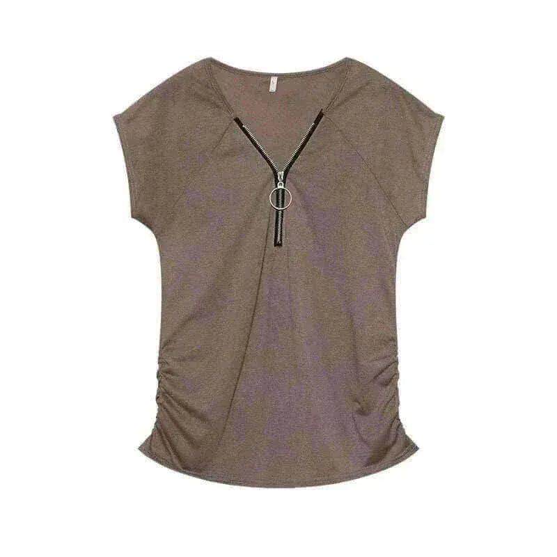 Short-Sleeved T-shirt Blouse with Chest Zipper