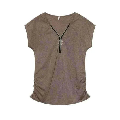 Short-Sleeved T-shirt Blouse with Chest Zipper