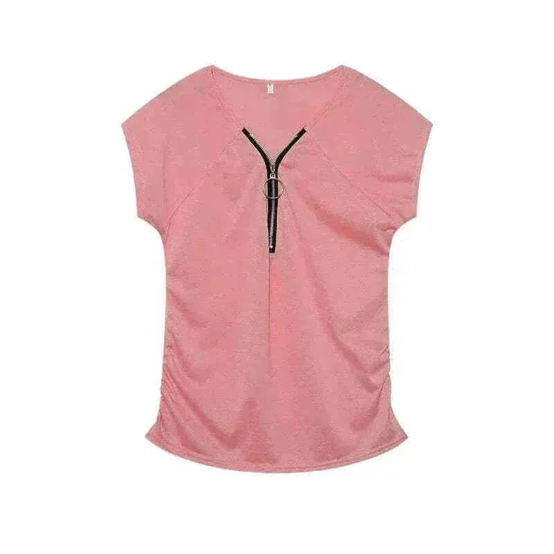Short-Sleeved T-shirt Blouse with Chest Zipper