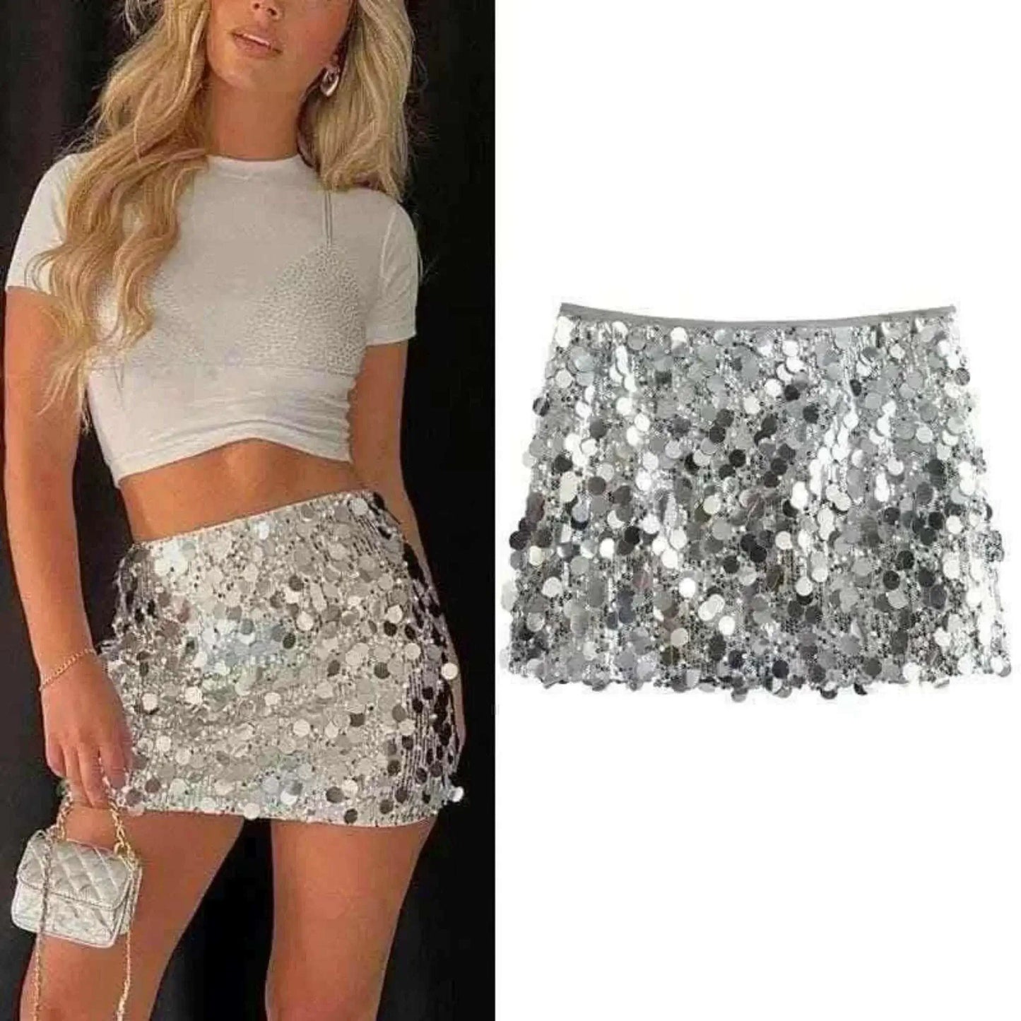 ladies skirts uk,  Silver Sequin High-Mini Skirt