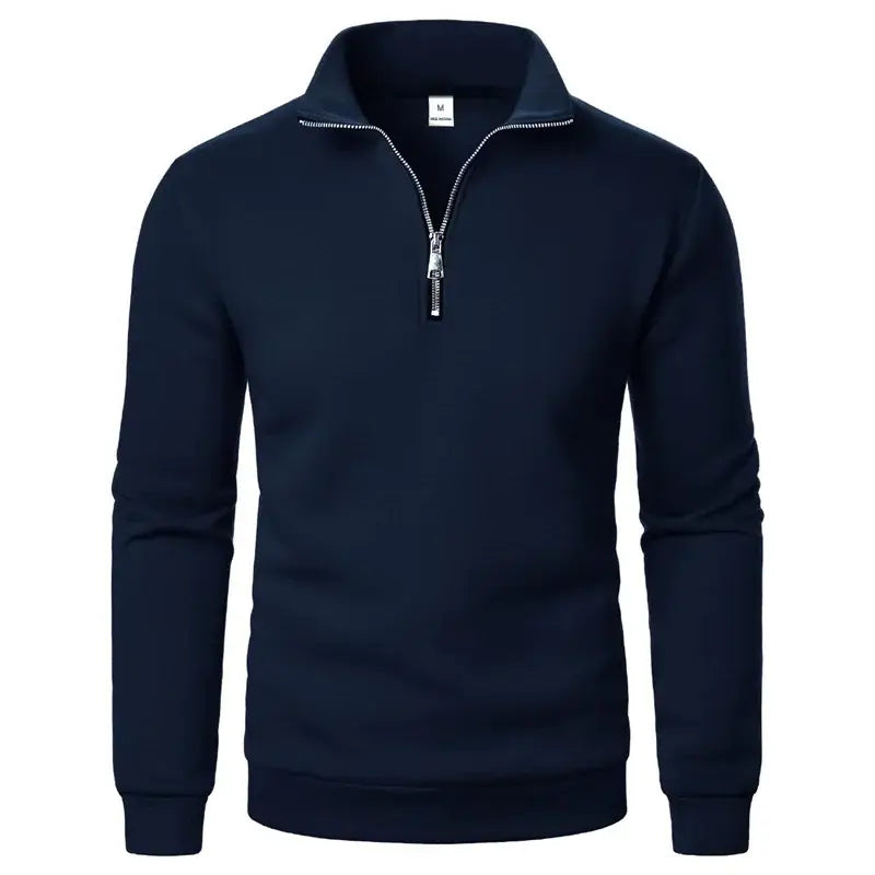 Spring Autumn New Casual Half Zipper Stand Collar Navy Blue Sweatshirt