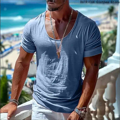 mens t shirts uk, Summer Men's Blue Casual T-shirt, Large-sized Round-neck