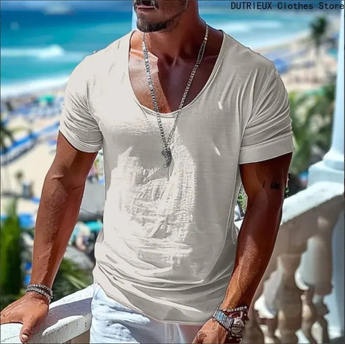 mens t shirts uk, Summer Men's Light Pink Casual T-shirt, Large-sized Round-neck White