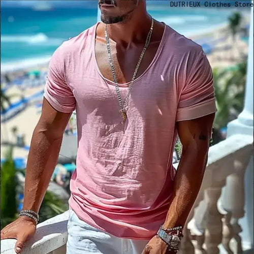 mens t shirts uk, Summer Men's Pink Casual T-shirt, Large-sized Round-neck