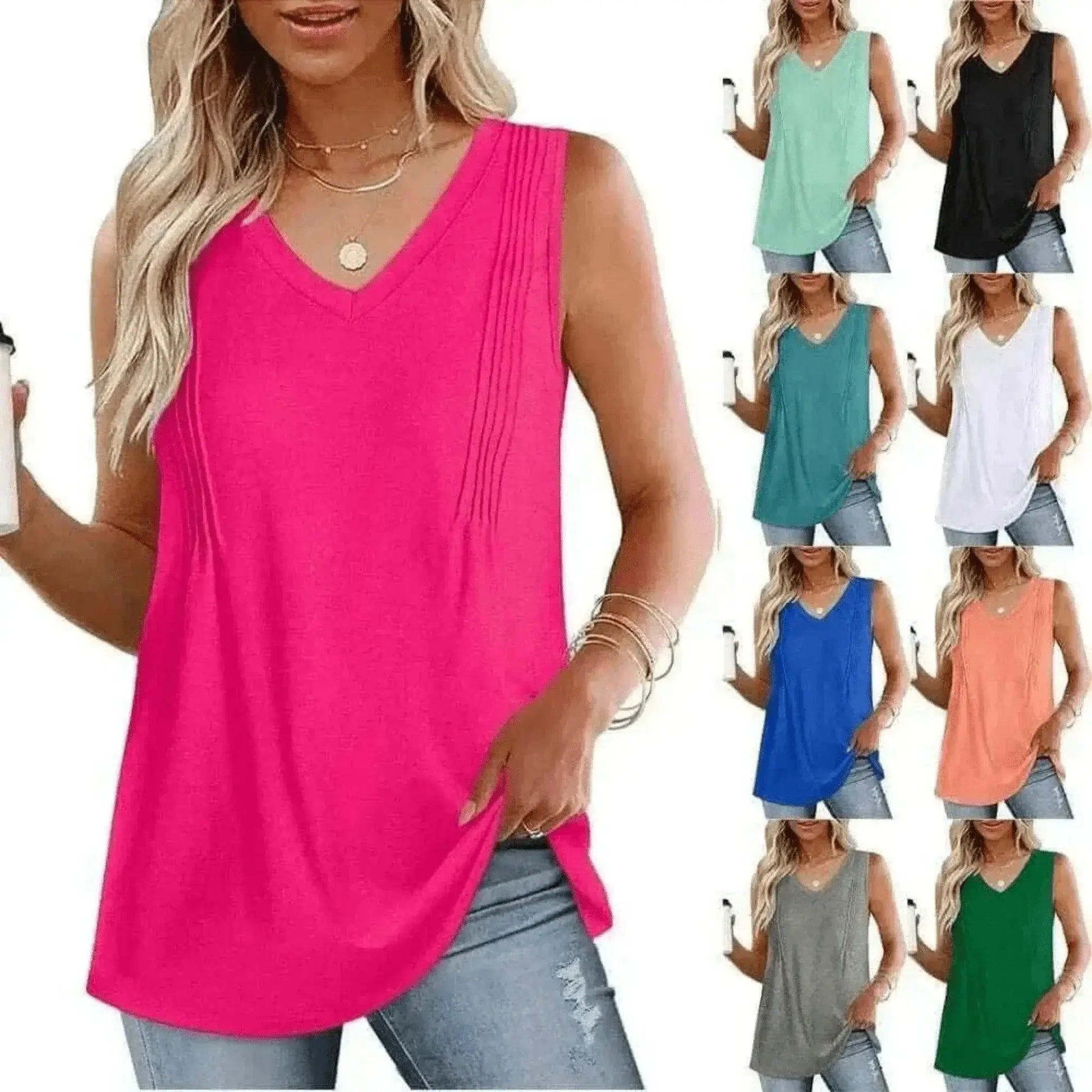 Women Wearing Rose Red Summer Pleated Tank Tops