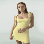 Women Wearing TRAFZA 2025 Fashion Yellow Plaid Sling Dress