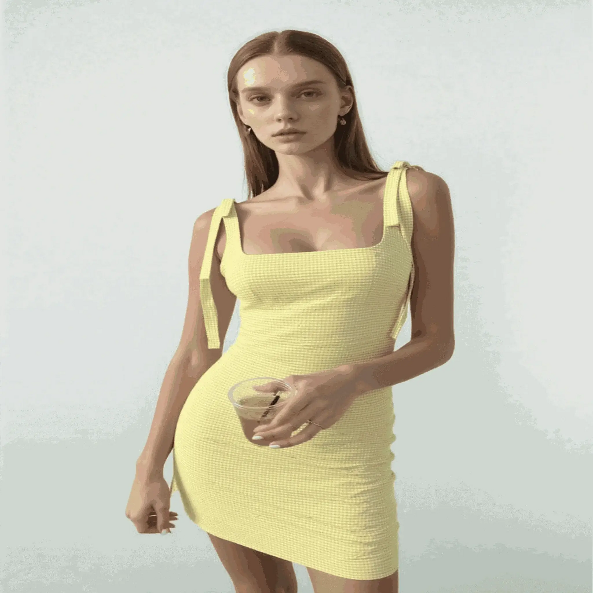 Women Wearing TRAFZA 2025 Fashion Yellow Plaid Sling Dress
