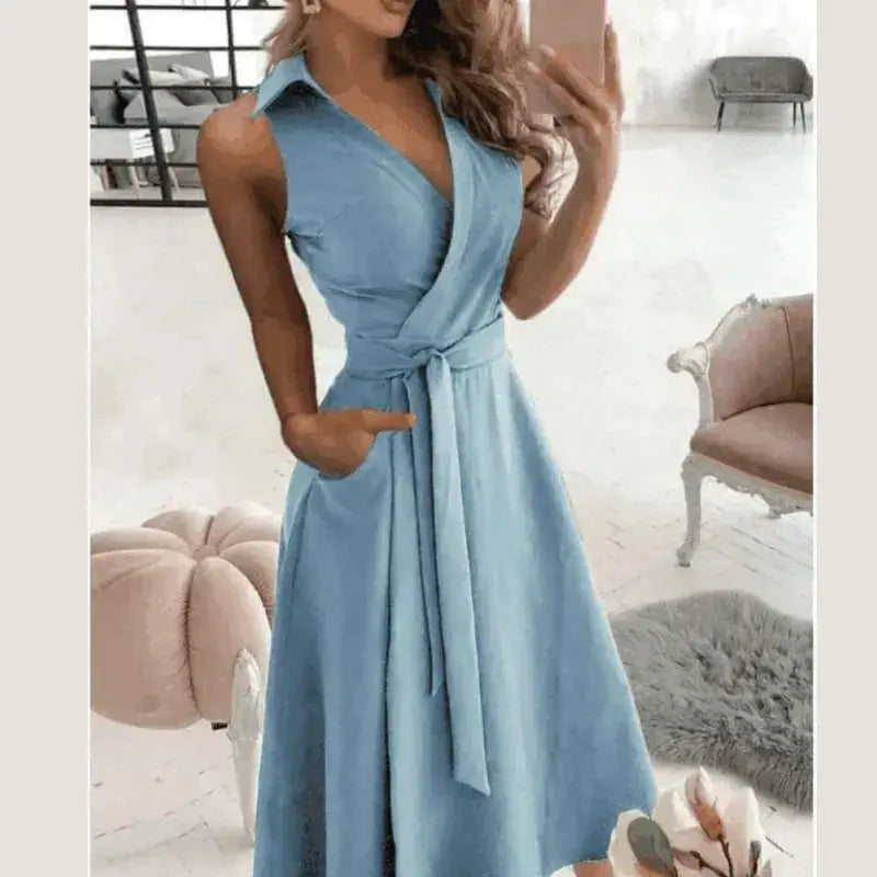 dress online uk, Women Wearing Blue Pocket Midi Dress Casual