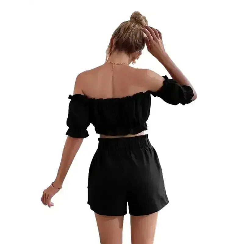 Women 2 Piece Sets Off Shoulder Ruffle Crop Top Black Back View