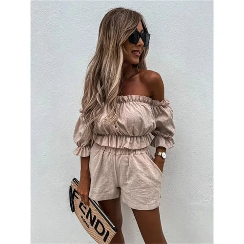 Women 2 Piece Sets Off Shoulder Ruffle Crop Top Khaki