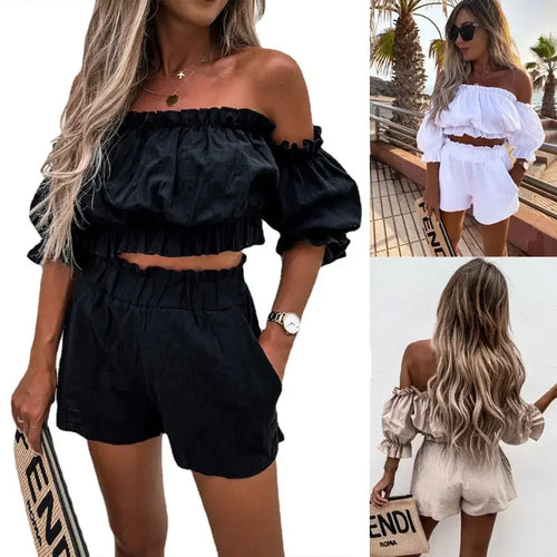 Women 2 Piece Sets Off Shoulder Ruffle Crop Top