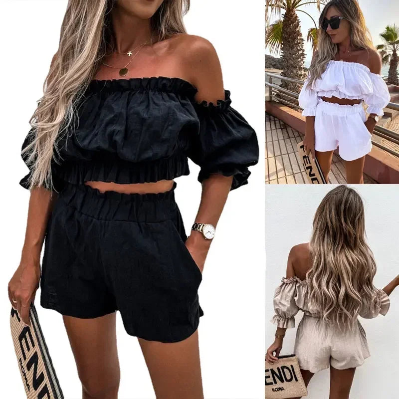 Women 2 Piece Sets Off Shoulder Ruffle Crop Top | Clothing Casual UK
