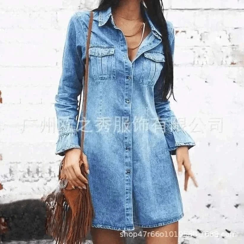 ladies dresses- Women Denim Dress Long Sleeve Single