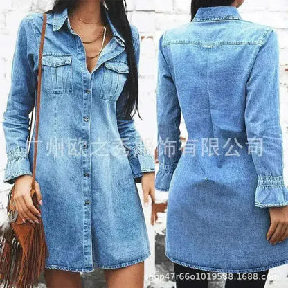 Women Denim Dress Long Sleeve Single
