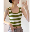  Women Fashion Summer Square Collar Green Striped Knitted Tanks