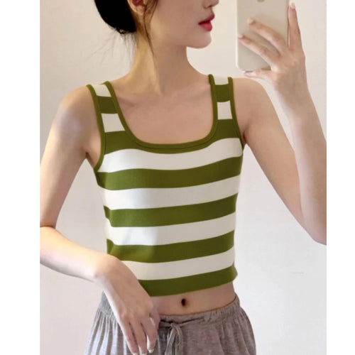  Women Fashion Summer Square Collar Green Striped Knitted Tanks