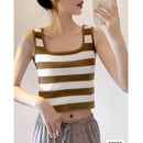ladies summer tops uk,  Women Fashion Summer Square Collar Khaki  Striped Knitted Tanks