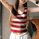 ladies summer tops uk,  Women Fashion Summer Square Collar Red Striped Knitted Tanks