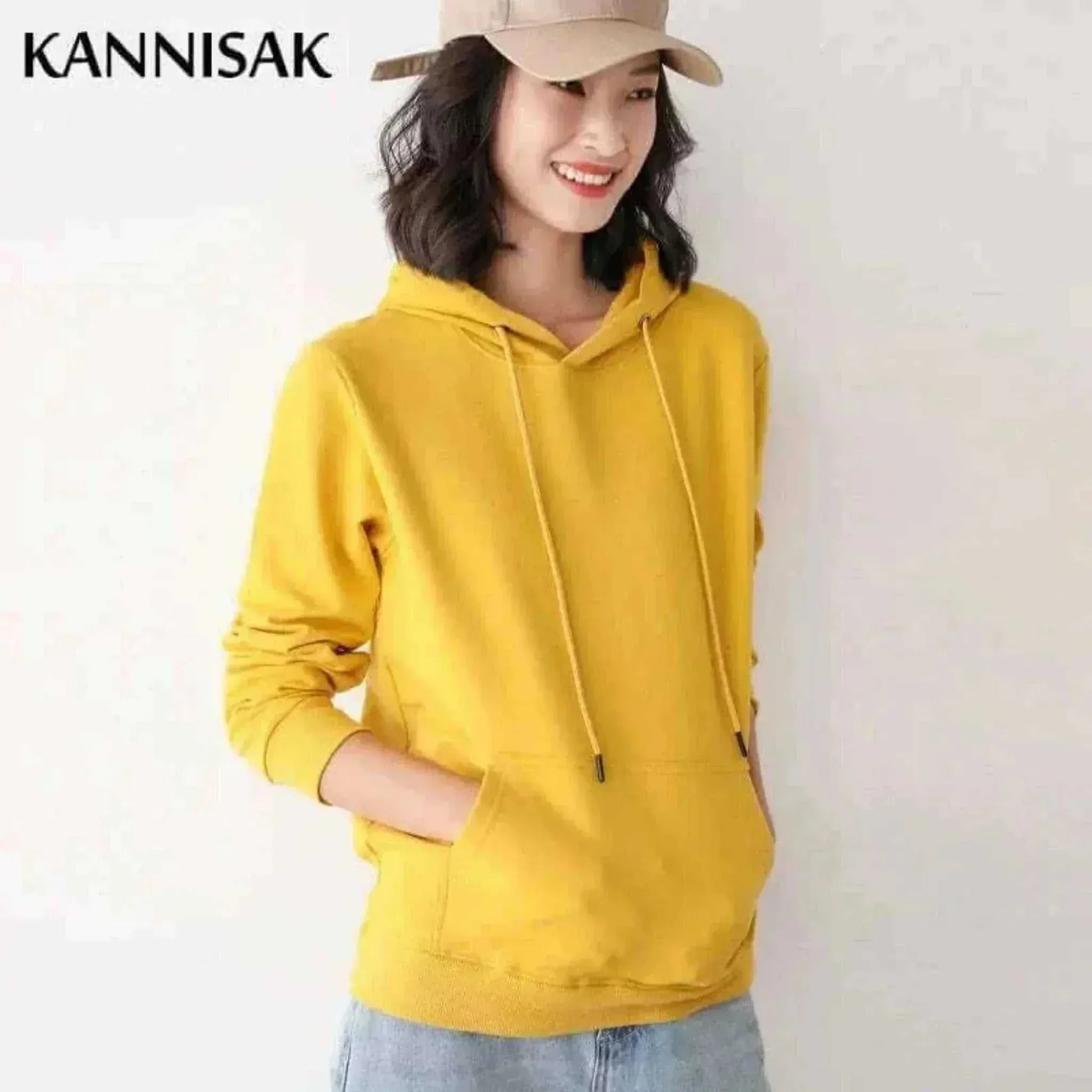 Women Wearing Yellow Hoodies 100% Cotton Spring Autumn Loose Long Sleeve