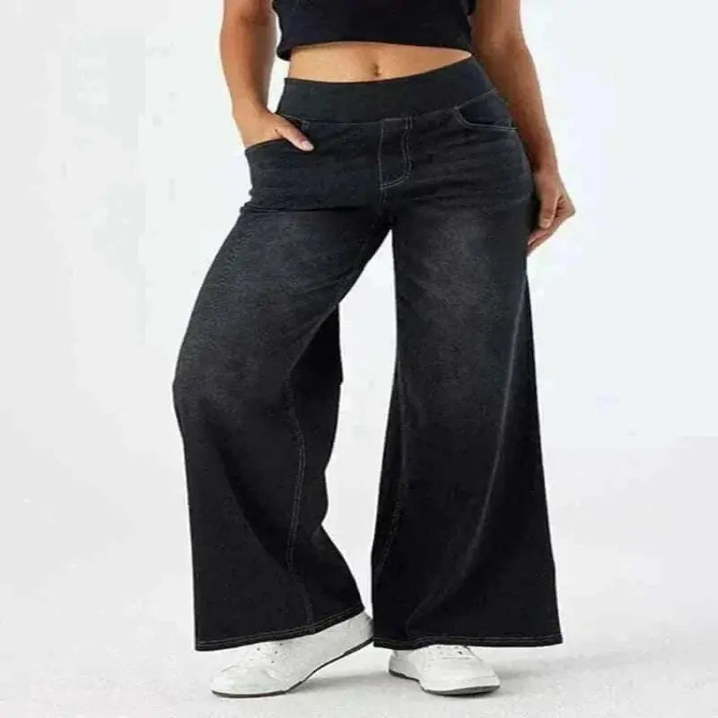 women jeans offers Women Model Wearing Denim Pant Wide Leg Long Pants