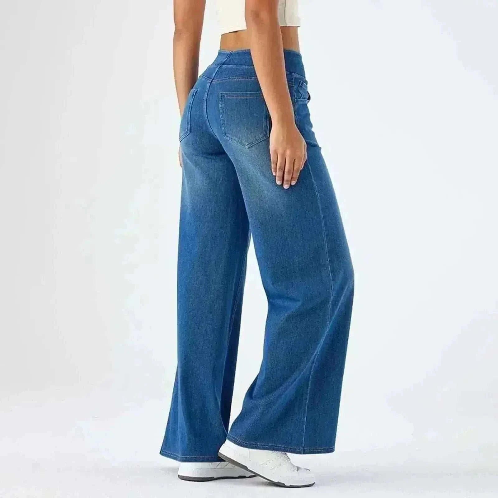 Women Jeans Denim Dark Blue Pant Wide Leg Side View