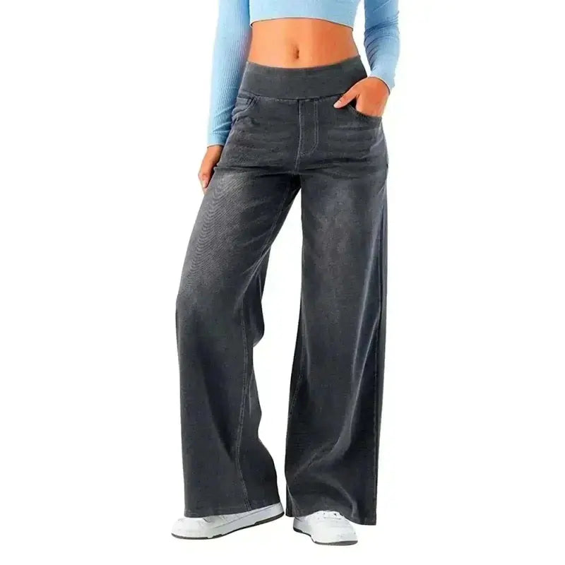women jeans offers Women Model Wearing Denim Pant Wide Leg Long Pants