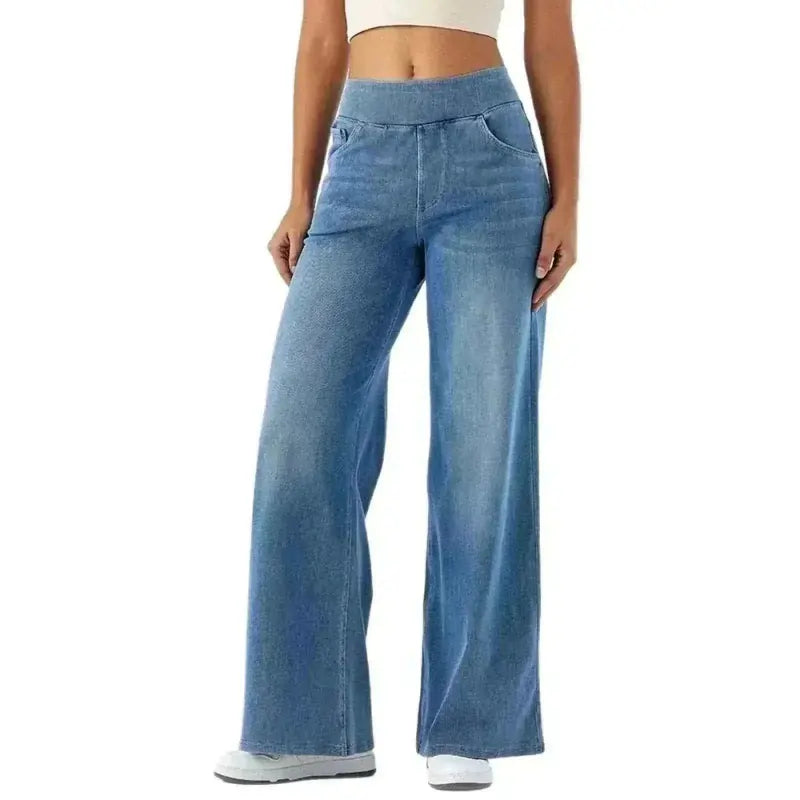 women jeans offers Women Model Wearing Denim Pant Wide Leg Long Pants