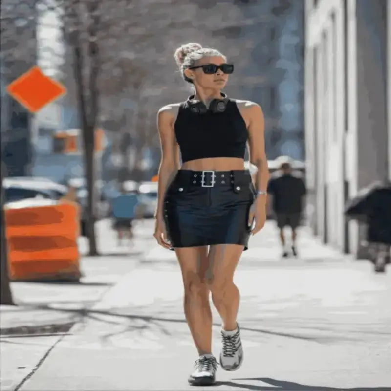 ladies skirts uk, Women_Model_Wearing_vintage_leather_black_skirt_front_view