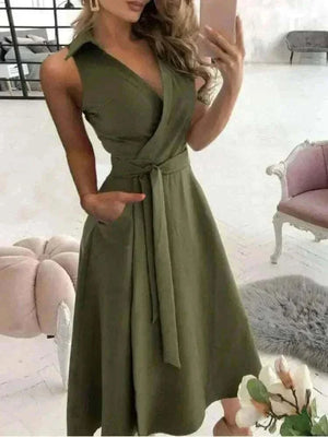 dress online uk, Women Wearing Green Pocket Midi Dress Casual.