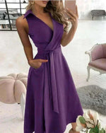 dress online uk, Women Wearing Purple Pocket Midi Dress Casual.