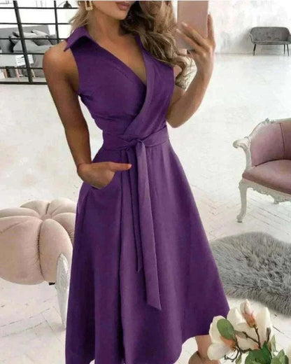 dress online uk, Women Wearing Purple Pocket Midi Dress Casual.