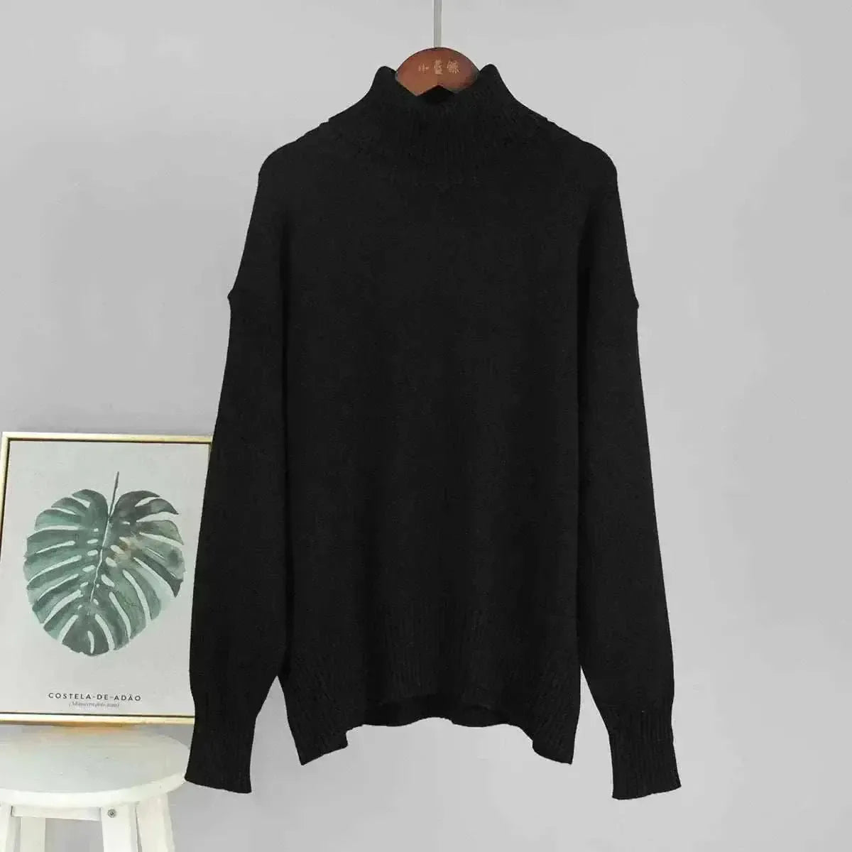 Women Wearing Black Sweater Autumn Winter New High Neck