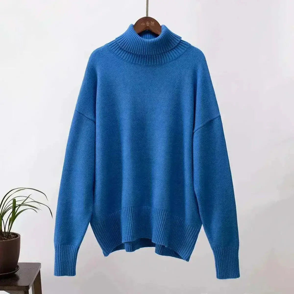 Women Wearing Blue Sweater Autumn Winter New High Neck
