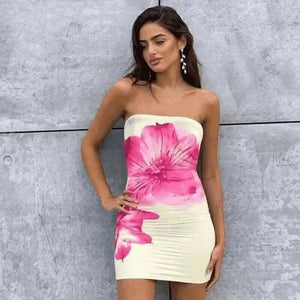 Women Wearing CUTENOVA Floral Printed Strapless Apricot Backless Dress Front View